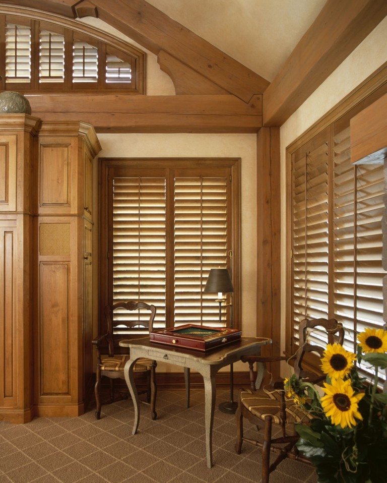 Woodfold shutters corner arch desk