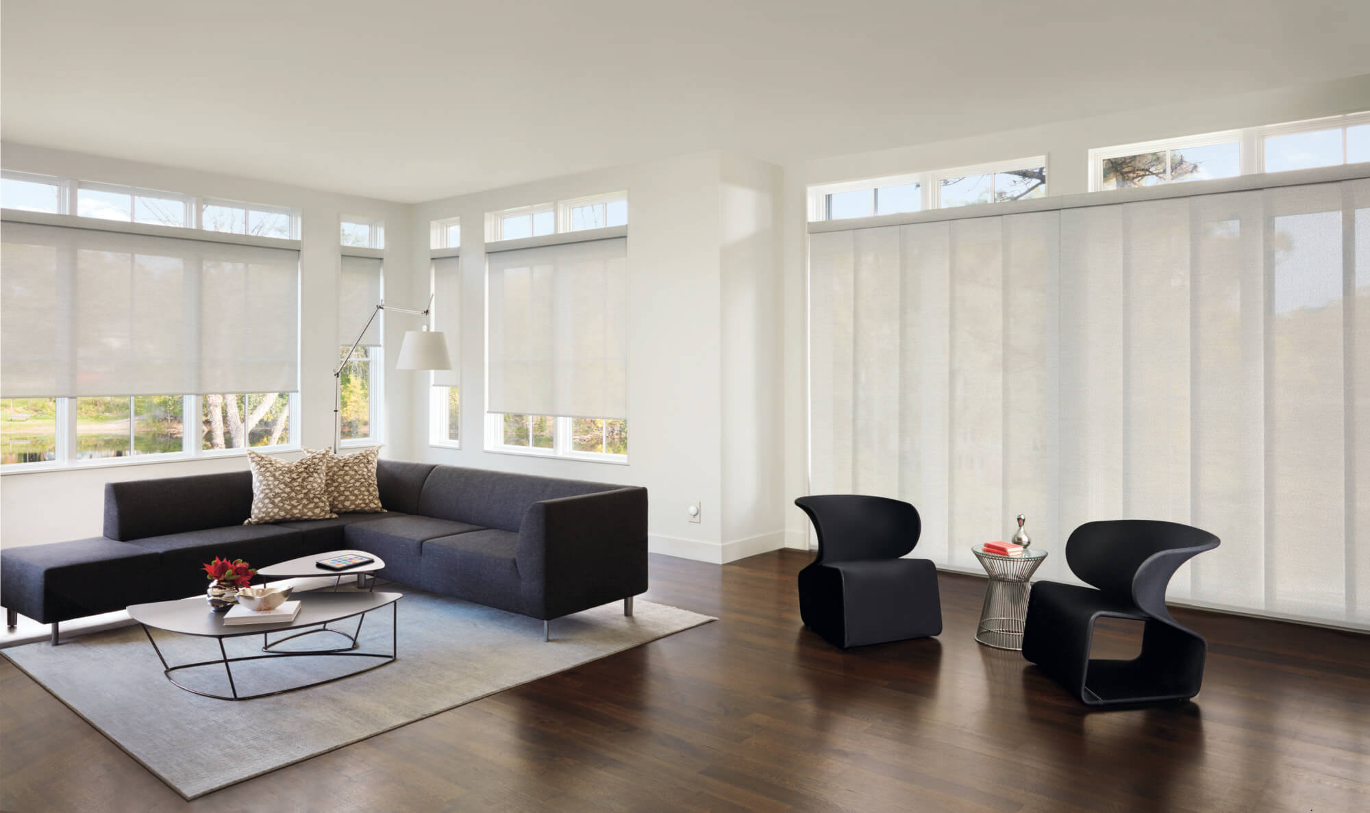Large Living Room Hunter Douglas Skyline Gliding Shades
