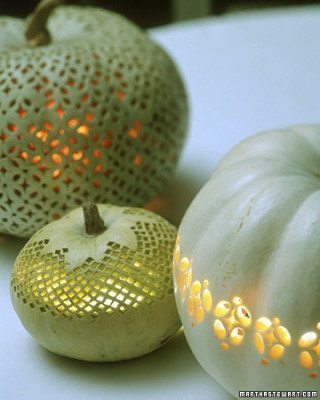 White, soft green and grey pumpkins for an elegant fall patio