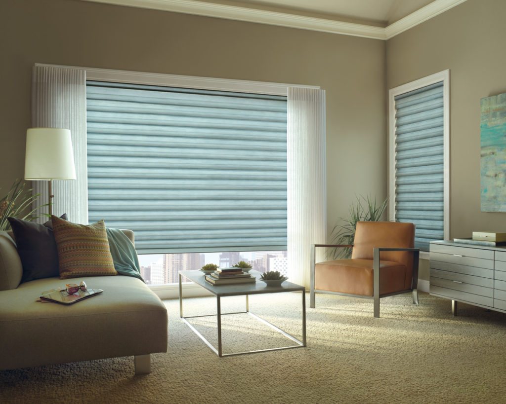 Hunter Douglas Solera Soft Shades Living Room blue