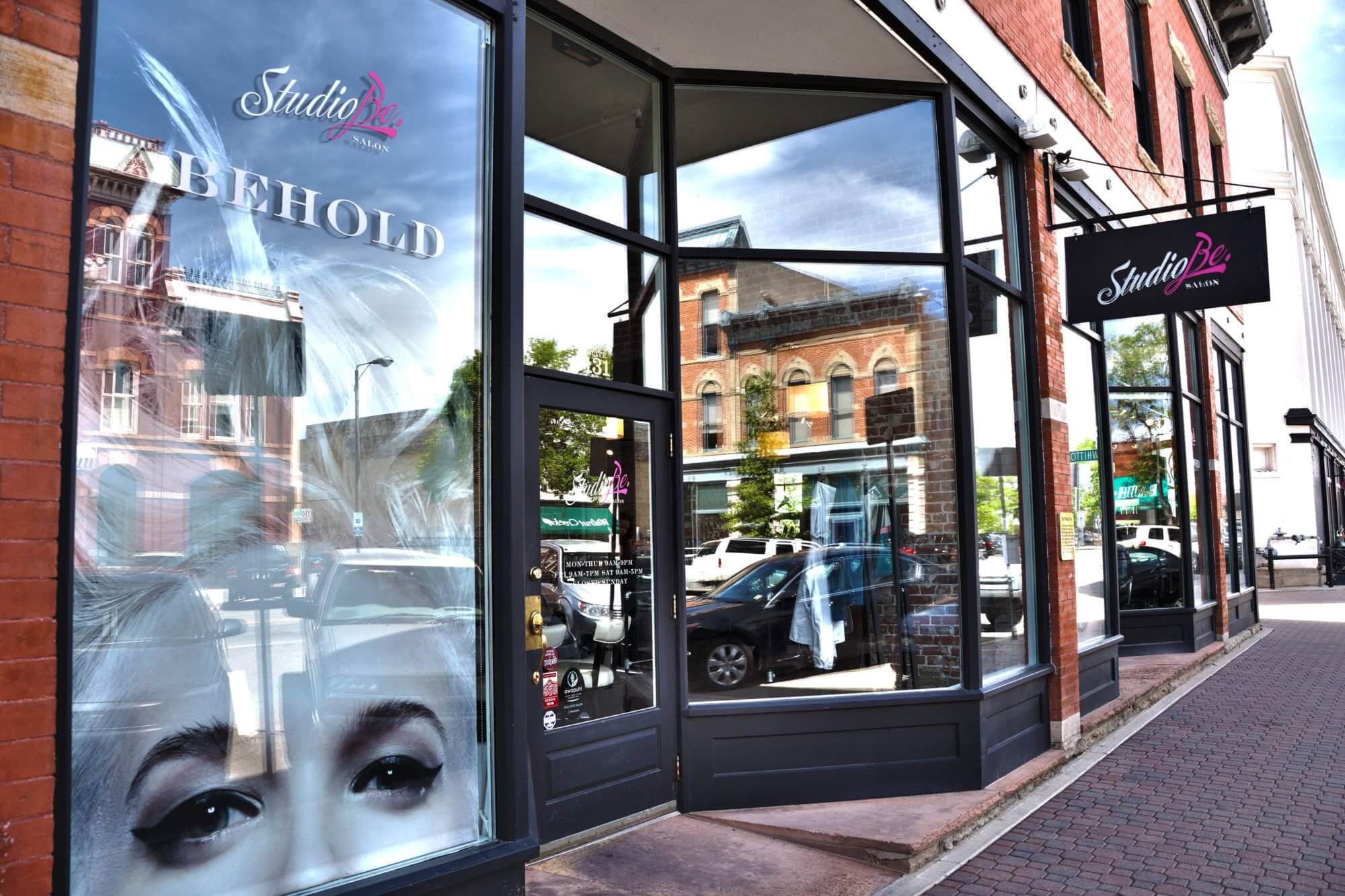 Custom printed shades at local Fort Collins Studio Be salon