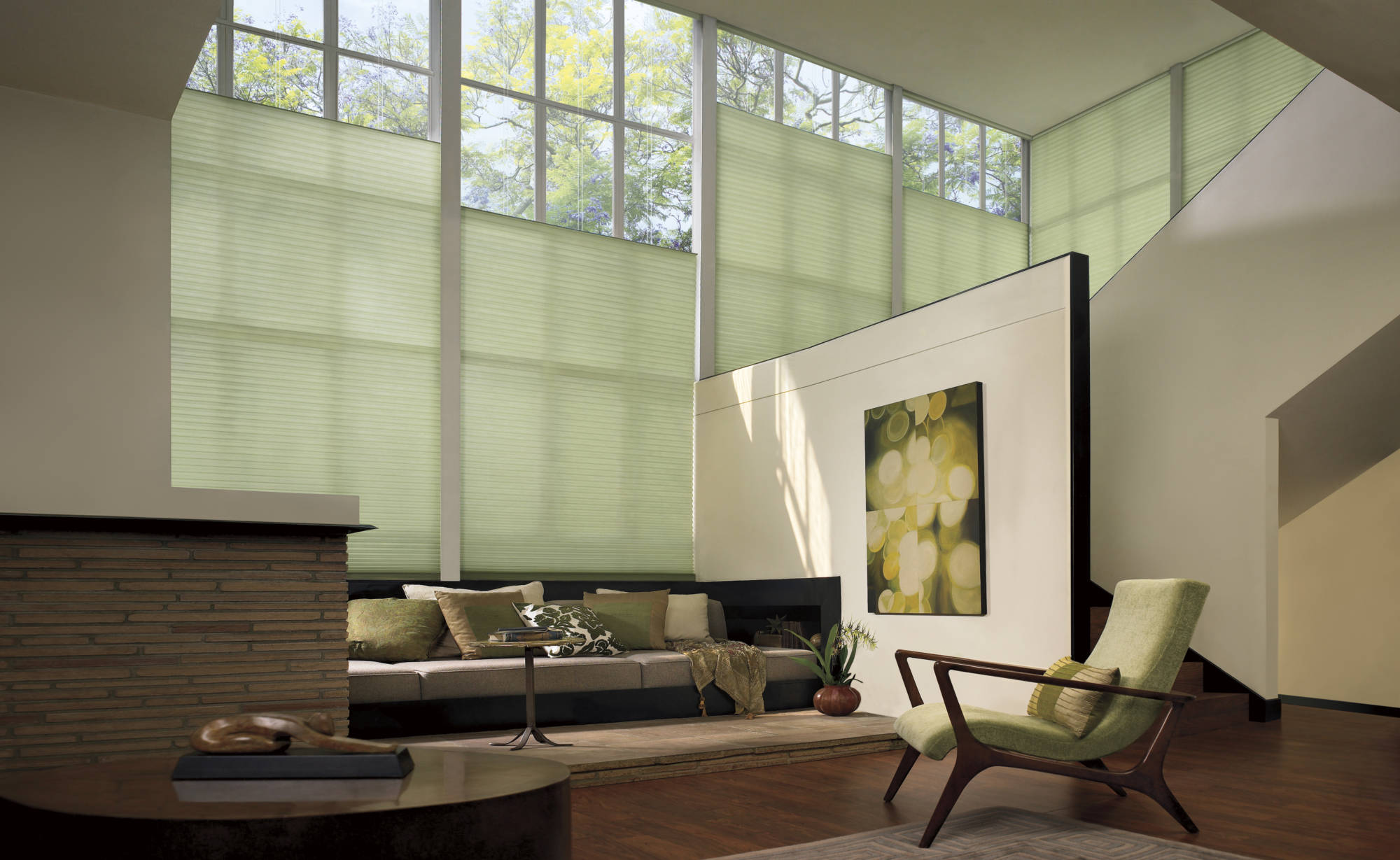 Motorized Duette honeycomb shades living room top down bottom up