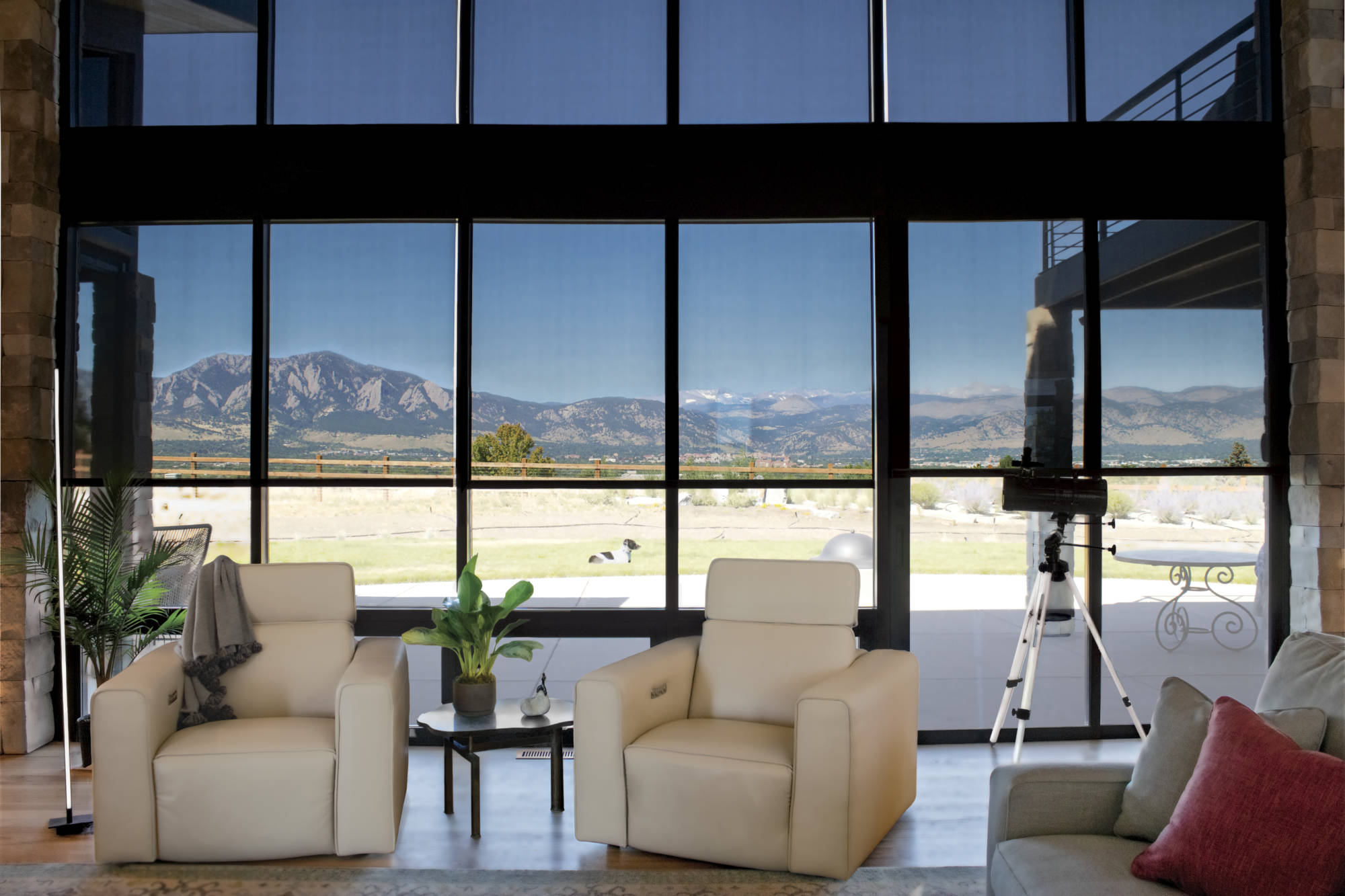 Insolroll solar shades in Boulder great room flatirons view