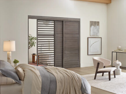 Hunter Douglas Heritance hardwood shutters medium stain aspen gray