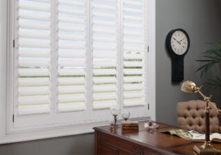 NewStyle Shutters in white- home office- by Hunter Douglas