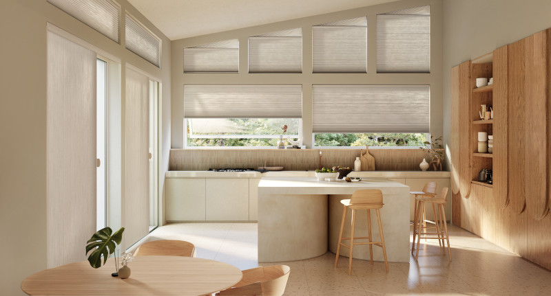 Applause honeycomb shades with Powerview motorization to operate high out-of-reach shades