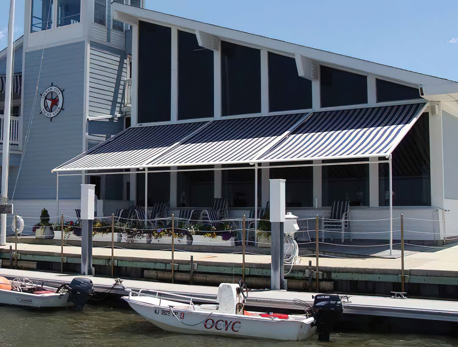 KE Durasol Pergola Awning covering on commercial patio area
