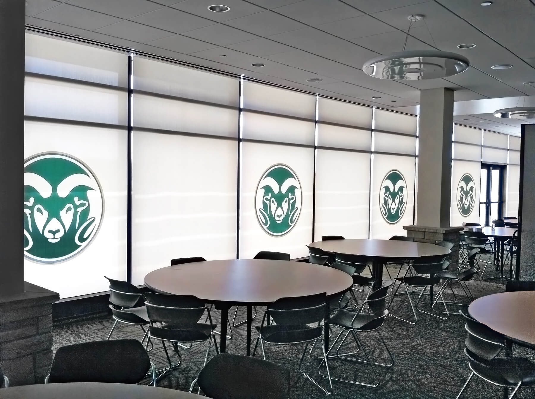 Custom printed Insolroll rollher shades at CSU with Ram mascot logo